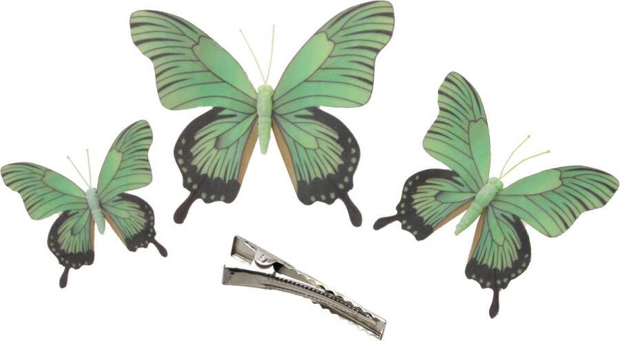 Othmar decorations 3x stuks decoratie vlinders op clip groen 3 formaten 12 16 20 cm Hobbydecoratieobject