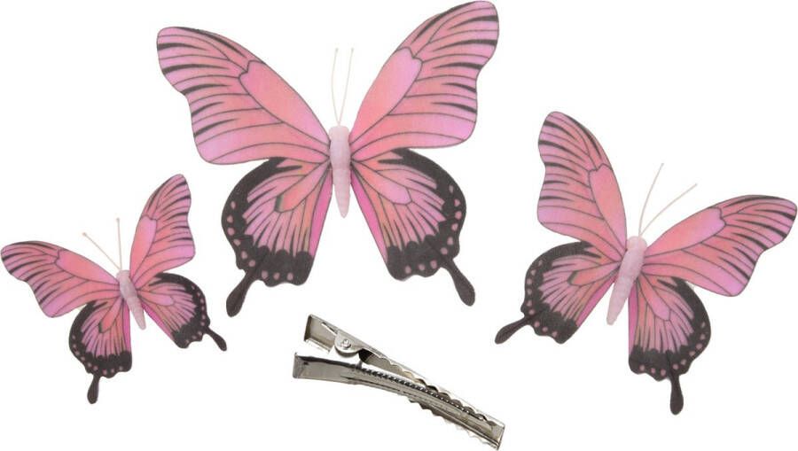 Othmar decorations 3x stuks decoratie vlinders op clip roze 3 formaten 12 16 20 cm Hobbydecoratieobject
