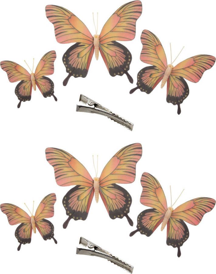 Othmar decorations 6x stuks decoratie vlinders op clip geel roze 3 formaten 12 16 20 cm Hobbydecoratieobject