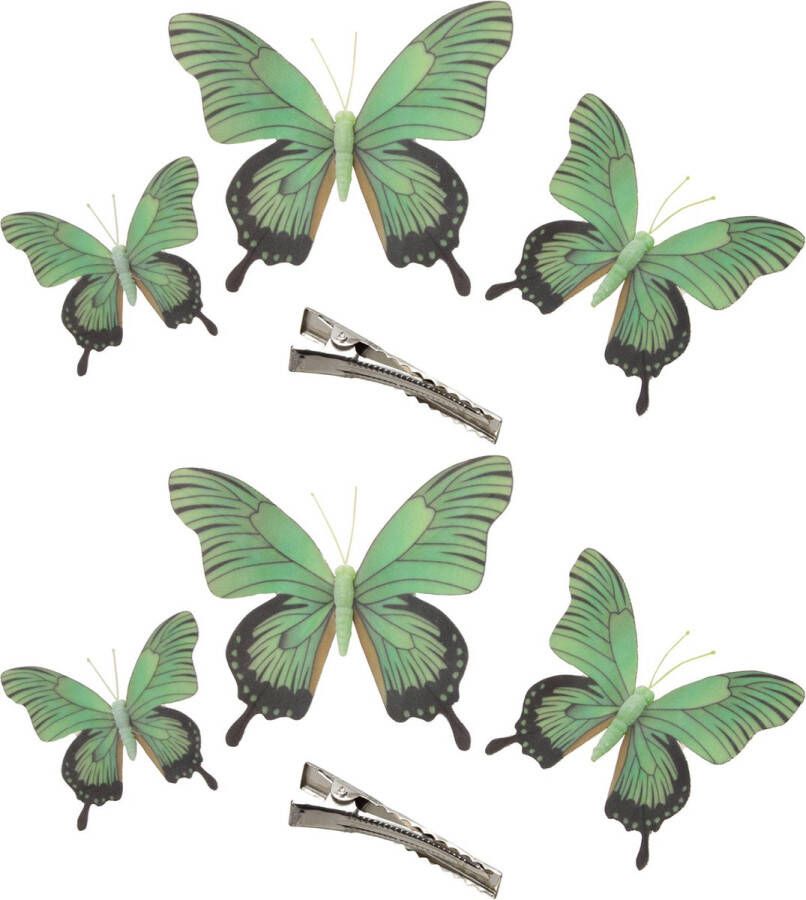 Othmar decorations 6x stuks decoratie vlinders op clip groen 3 formaten 12 16 20 cm Hobbydecoratieobject