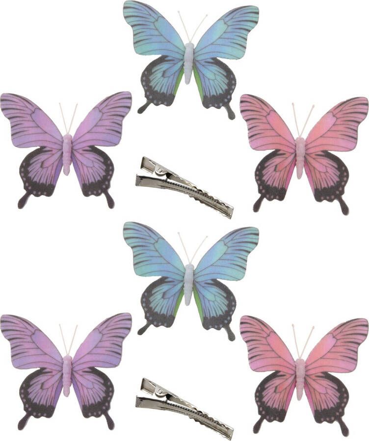 Othmar decorations 6x stuks decoratie vlinders op clip paars blauw roze 12 cm Hobbydecoratieobject