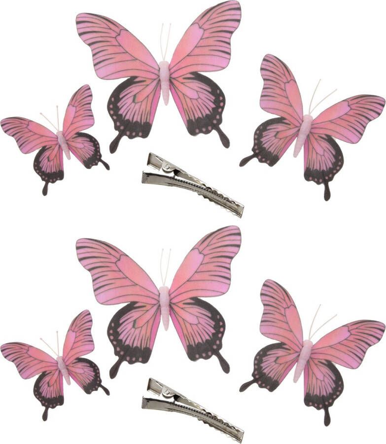 Othmar decorations 6x stuks decoratie vlinders op clip roze 3 formaten 12 16 20 cm Hobbydecoratieobject