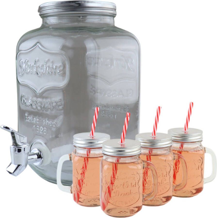 OTIX Drankdispenser met Drinkbekers Limonadetap Glas 4l Mason jar Set van 4