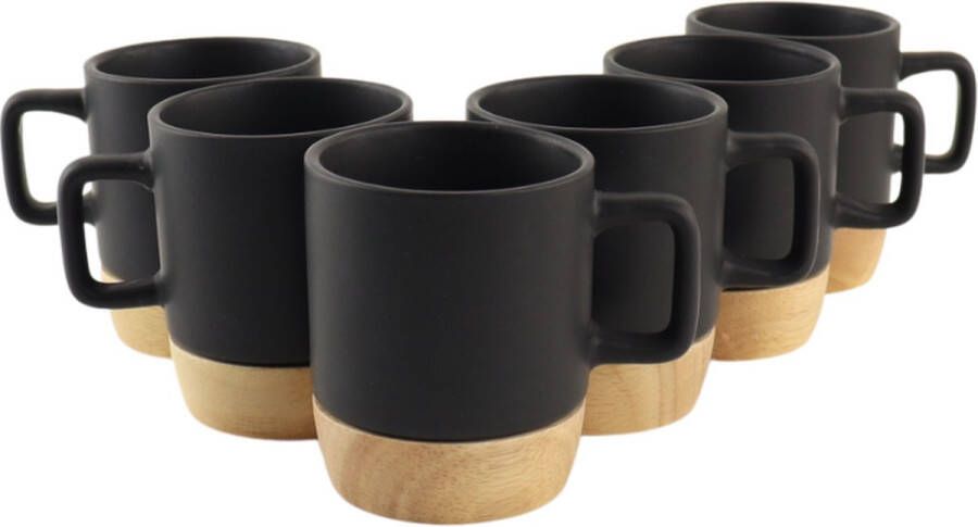 OTIX Espresso Kopjes Zwart Koffiekopjes Set van 6 120ml met Bamboe Onderzetter Met oor Koffiekopjes