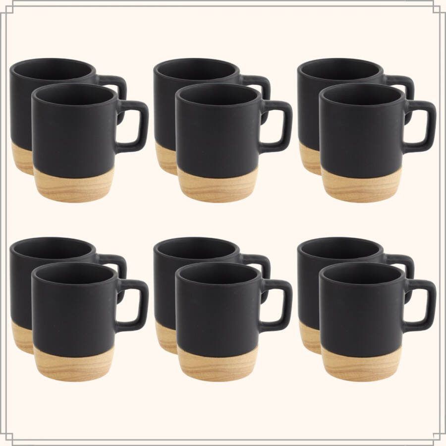 OTIX Espresso Kopjes Zwart Koffiekopjes Set van 12 120 ml met Bamboe Onderzetter