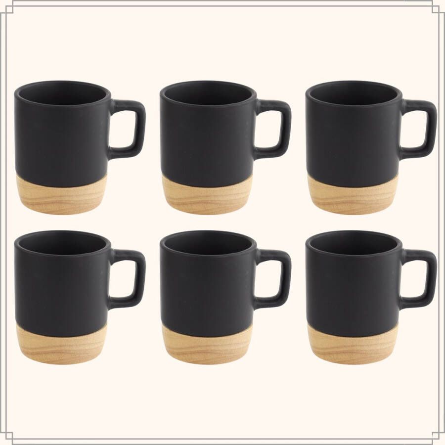 OTIX Espresso Kopjes Zwart Set van 6 met Bamboe Onderzetter Met oor Koffiekopjes
