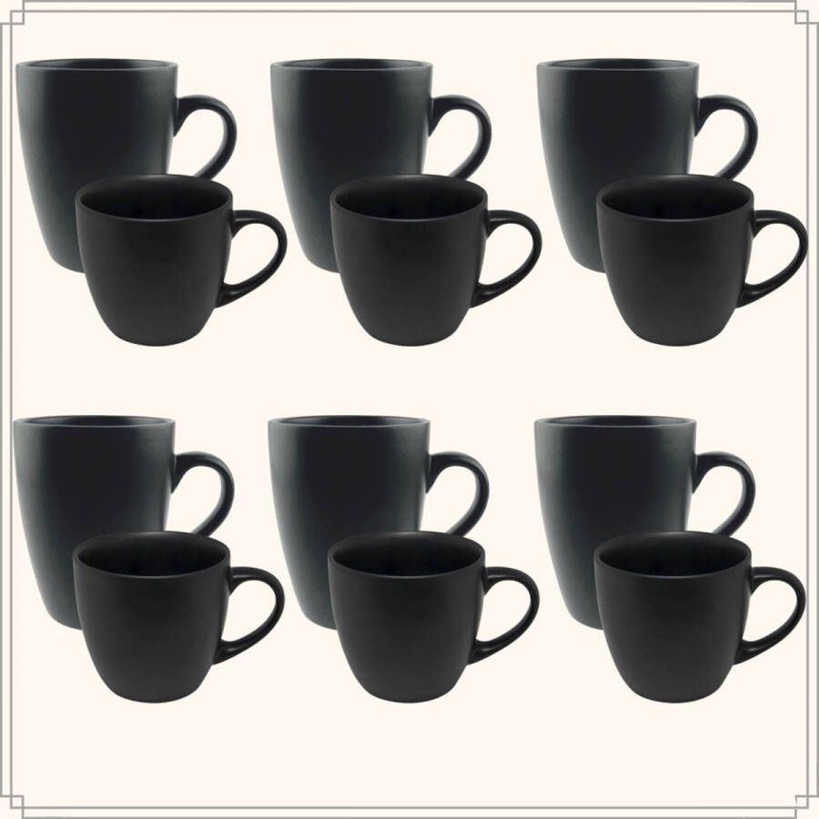 OTIX Koffiekopjes met oor Cappuccino Koffietassen Kopjes Set van 12 stuks 6x Koffiekopje 6x Cappuccino Kopjes Zwart Aardewerk