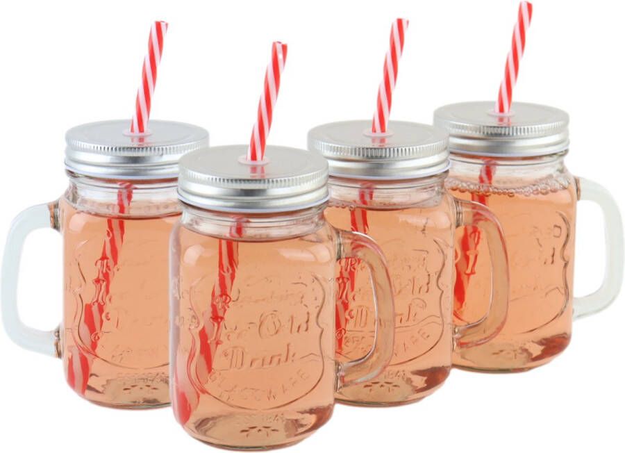 OTIX Mason jar Drinkbeker met Rietje Set van 4 Zilvere dop 450 ml