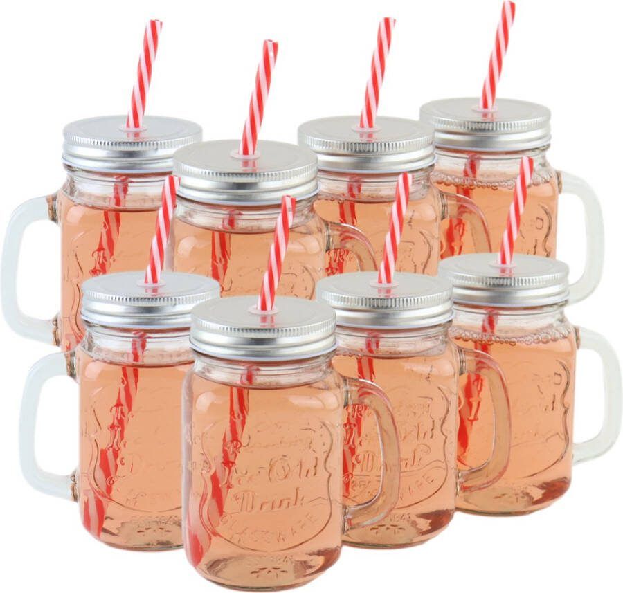 OTIX Mason jar Drinkbeker met Rietje Set van 8 Zilvere dop 450 ml