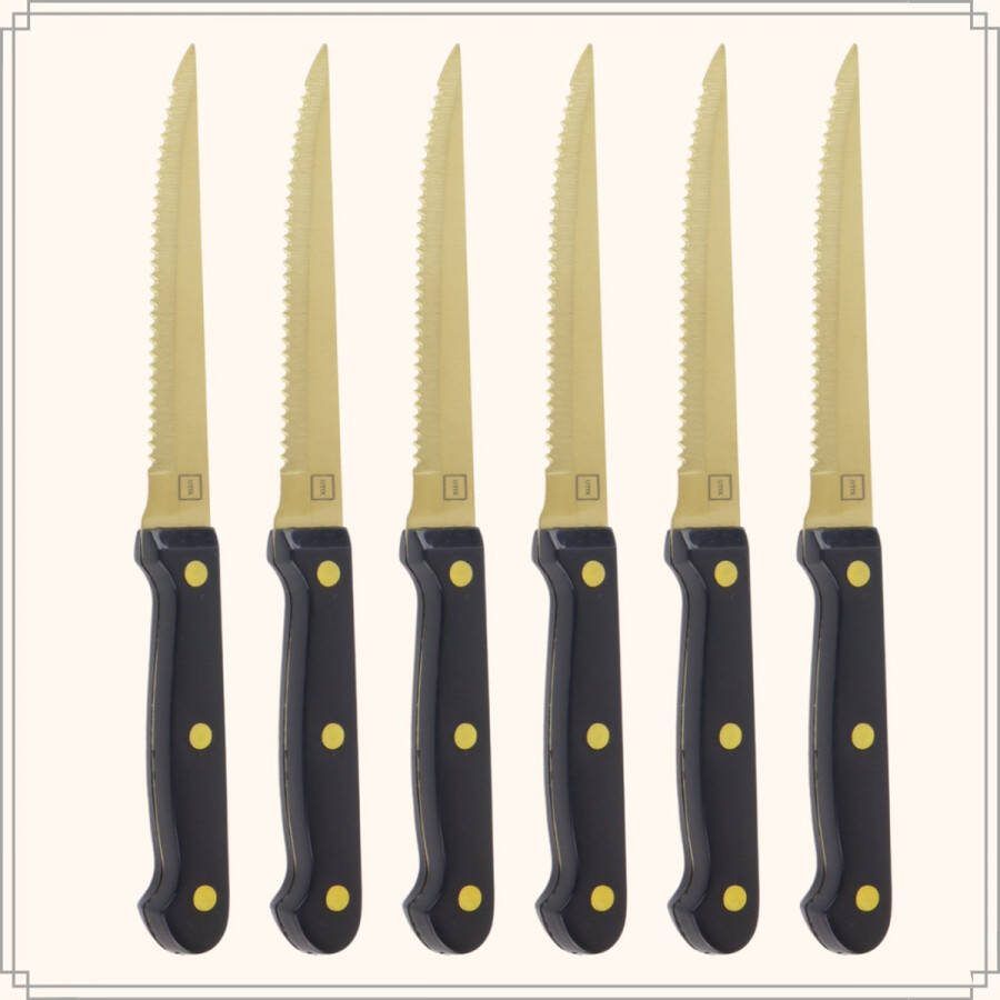 OTIX Steakmessen Set van 6 Stuks Vleesmessen Goud Zwart Vaatwasserbestendig Steakmessenset RVS