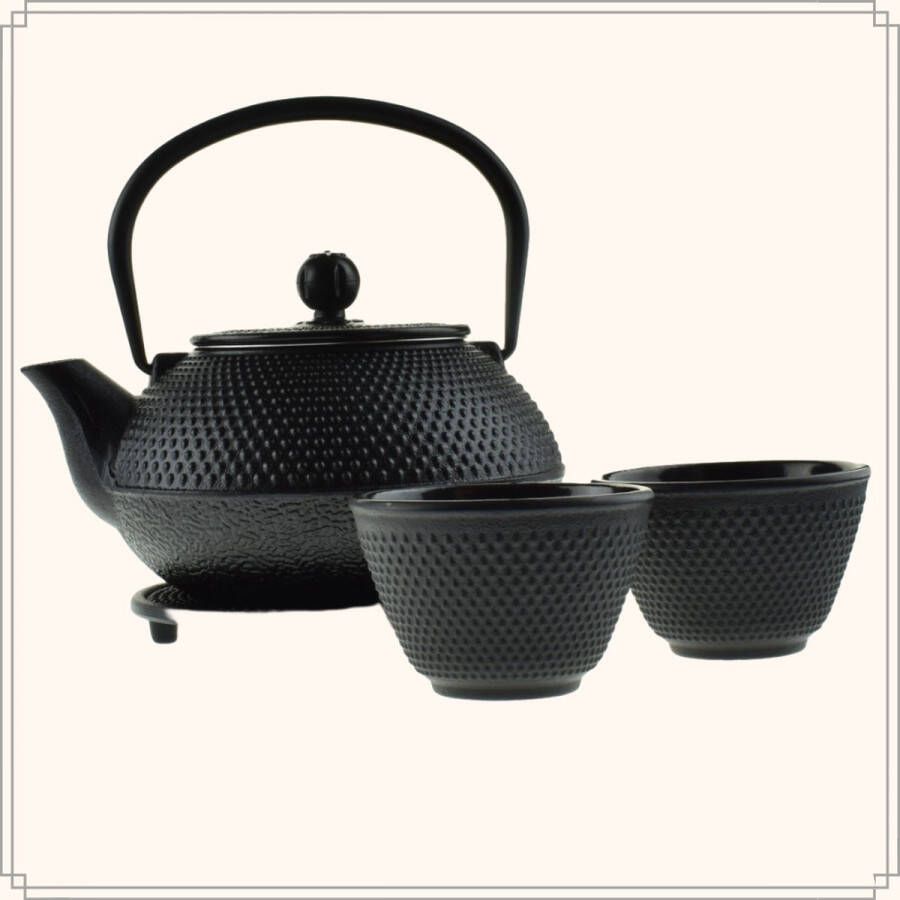 OTIX Theepot Set 4-Delig Japanse Thee set met Theekopjes Zwart 0 8 Liter Gietijzer Warmtehoudend