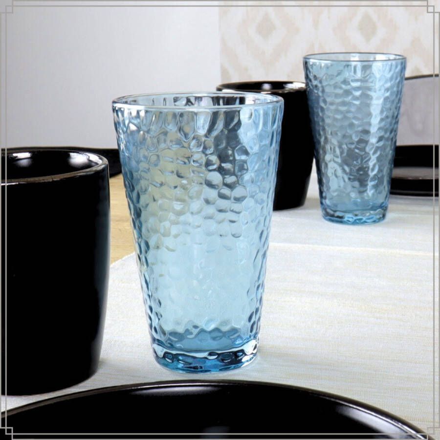 OTIX Waterglazen Longdrink Limonade Glazen Set van 6 Stapelbaar 300ml Gehamerd Glas Rookglas Blauw
