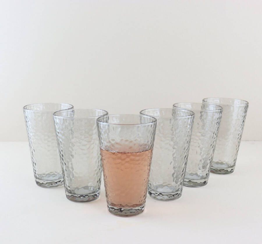 OTIX Waterglazen Longdrink Limonade Glazen Set van 6 Stapelbaar 300ml Gehamerd Glas Rookglas Grijs