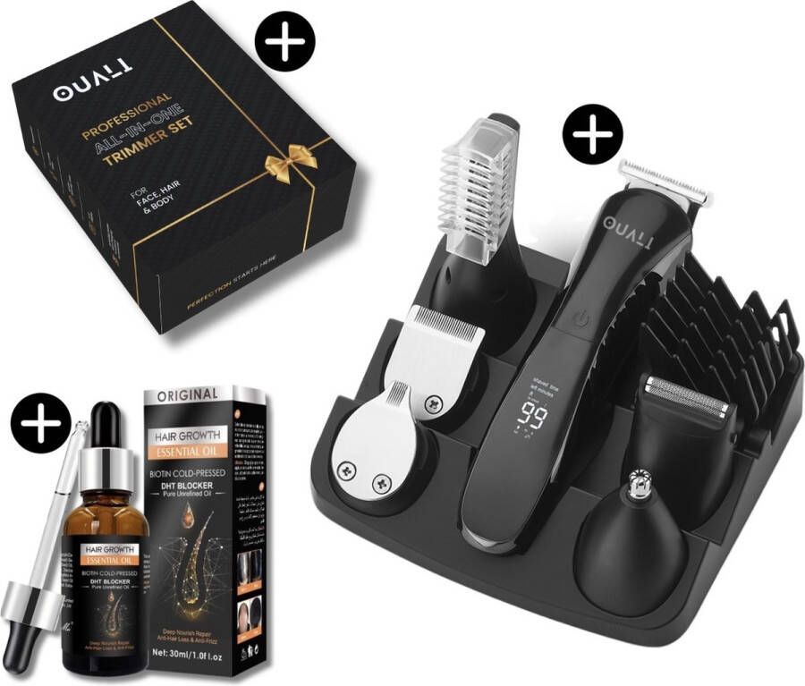 Ouali Baardtrimmer 14 in 1 set Luxe Cadeauverpakking Gratis haarolie LCD Display Draadloos & Waterbestendig Multigroomer Bodygroomer Mannen Baardtrimmer Mannen Giftset- Baardtrimmers Baard trimmer Scheerapparaat mannen