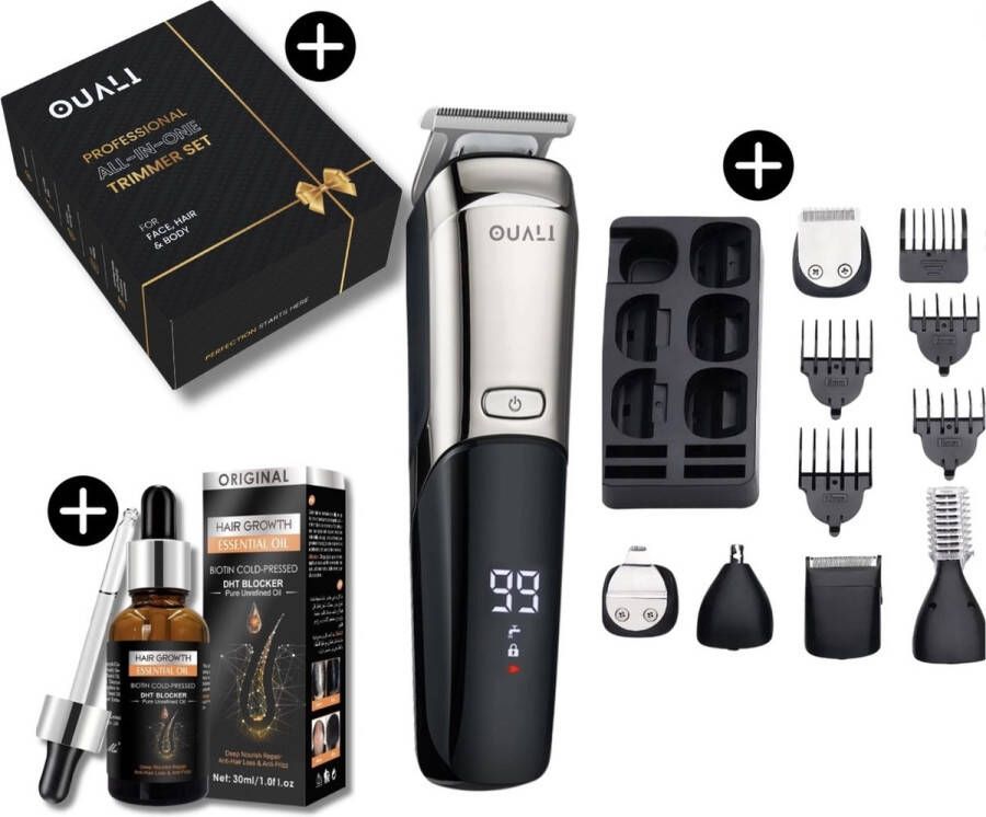 Ouali Baardtrimmer 14 in 1 set Luxe Cadeauverpakking Gratis haarolie LCD Display Draadloos & Waterbestendig Multigroomer Bodygroomer Mannen Baardtrimmer Mannen Giftset- Baardtrimmers Baard trimmer Scheerapparaat mannen