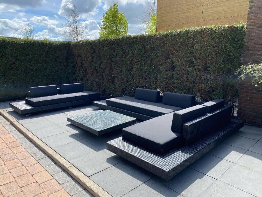 Outdoorinstyle Loungeset Ibiza hoek plus tweezitsbank met zwart onderstel en zwarte kussens