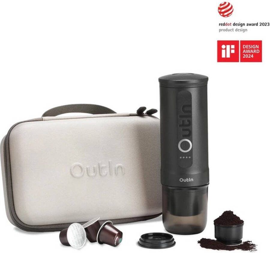 Outin Nano reis cadeauset draagbare elektrische espressomachine stijlvol en solide verwarmt water capsules & gemalen koffie 20 bar draagbare koffiemachine reis & camping koffiezetapparaat 12 volt
