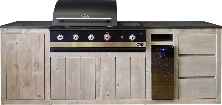 OutsideMeubelen.nl Outside Meubelen Buitenkeuken Malang Boretti Ibrido Top BBQ Wijnkoeler Natuursteen blad Steigerhout Tuinmeubelen