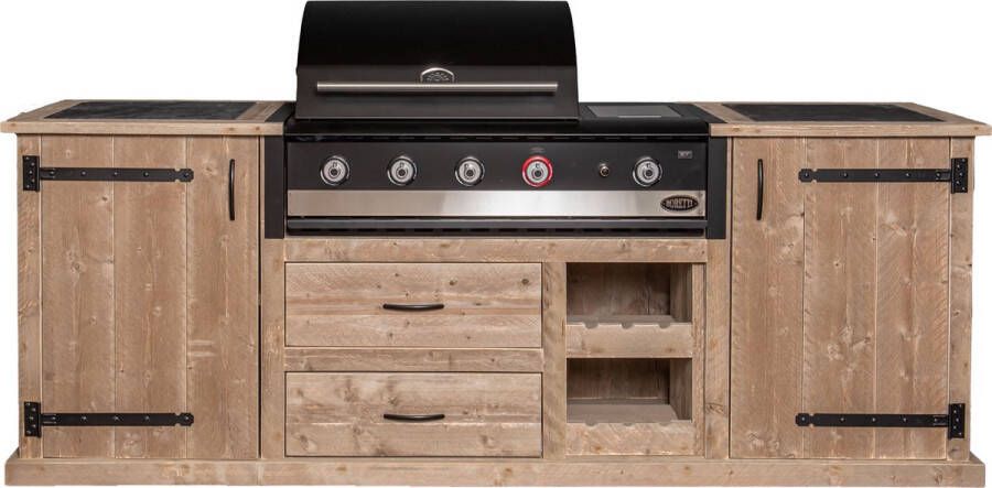 OutsideMeubelen.nl Outside Meubelen Buitenkeuken Padang Boretti Ibrido Top BBQ Natuursteen blad Steigerhout Tuinmeubelen
