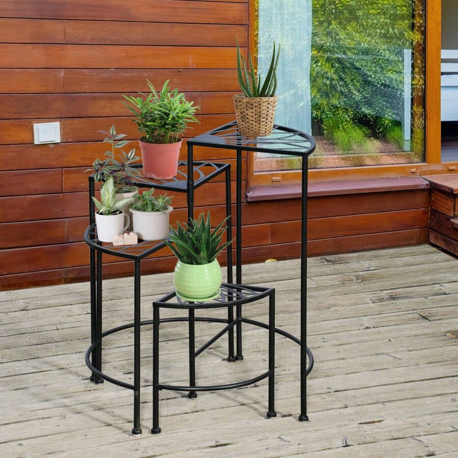 Outsunny Bloementrap plantenrek 4-laagse plantentrap vintage design balkon tuin zwart