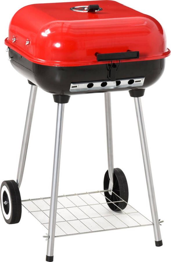 Outsunny Houtskoolbarbecue op wielen barbecuewagen kogelbarbecue rooster met deksel BBQ metaal rood 01-0569