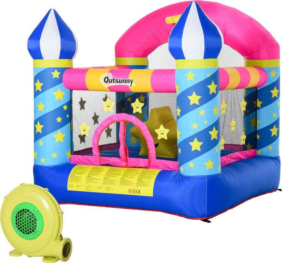 Outsunny opblaasbaar springkasteel met mand voor 2 kinderen springkasteel met blower speelkasteel speelhuis voor 3-12 jaar 342-024V90