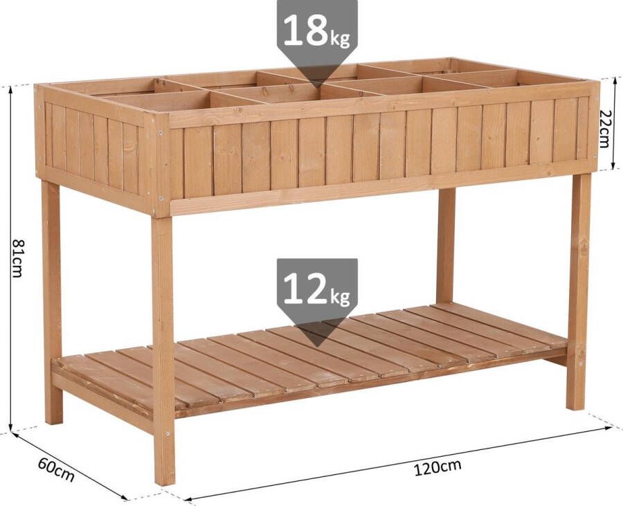 Outsunny Sunny Plantentafel met verhoogde bloemenbak met afvoer en opbergruimte massief dennenhout 120 x 60 x 22 cm