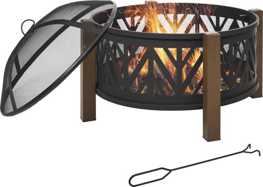 Outsunny Sunny Vuurschaal vuurkorf met vonkbescherming grillrooster tuin barbecue zwart+bruin