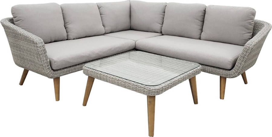 Outure Hoekbank Tuinbank met tafel Mira Teakhouten poten Lichtgrijs Wicker Binnen 4 werkdagen in uw tuin!