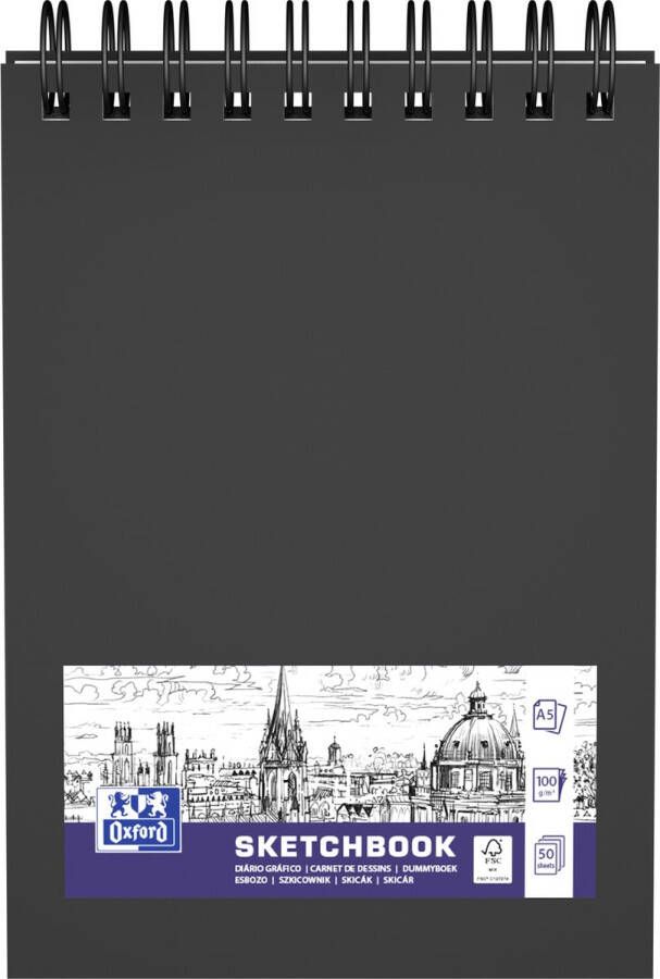 Oxford Schetsboek A5 50 vel 100g dubbel spiraal harde kartonnen kaft zwart