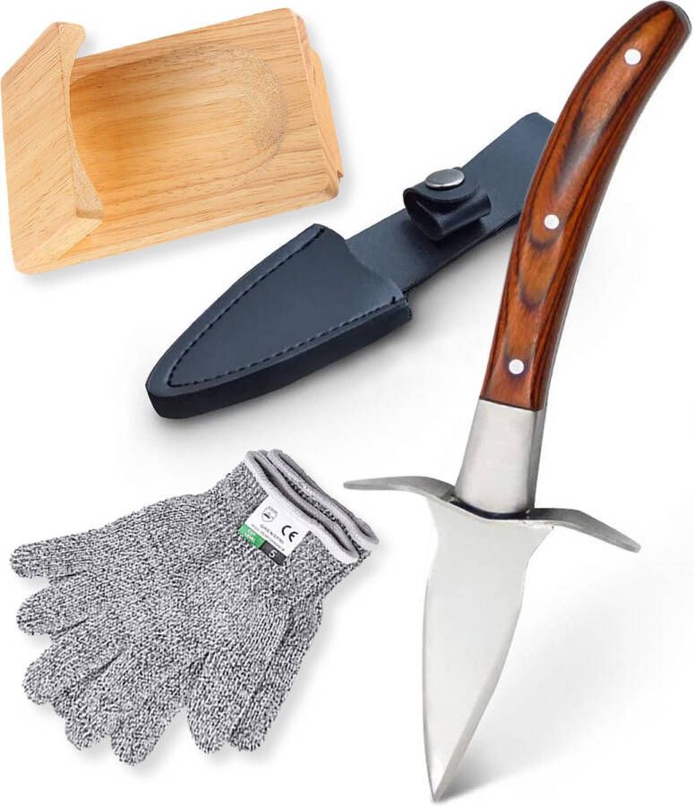 Oyster Supply Oestermes met Oesterhandschoenen + Oesterhouder en messenhoes Compleet 4-delige oesterset Snijbestendige oesterhandschoenen Kleur mes: bruin