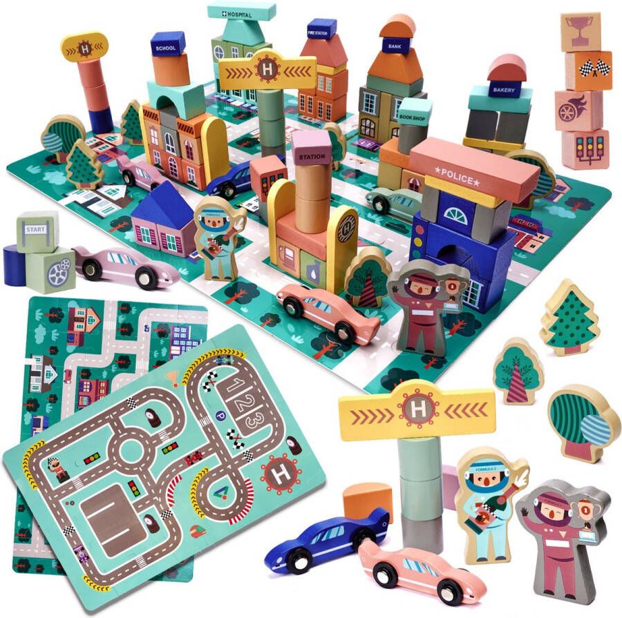 OZM TOY Blokken speelgoed met speelmat Educatieve houten blokken Speelgoed 160 stuks Blokken speelset Ontwikkelingsspeelgoed Stimuleert Motoriek en Creativiteit