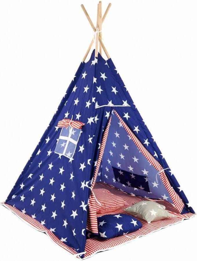 Sajan Speeltent Tipi Tent Met Grondkleed & Kussens Speelhuisje Tent voor kinderen Blauw