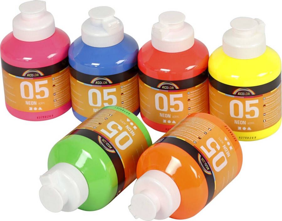 PacklinQ A-Color acrylverf. neon kleuren. 6x500 ml 1 karton