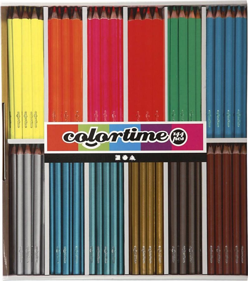 PacklinQ Colortime kleurpotloden. metallic kleuren. neon kleuren. L: 17.45 cm. vulling 3 mm. 144 stuk 1 doos