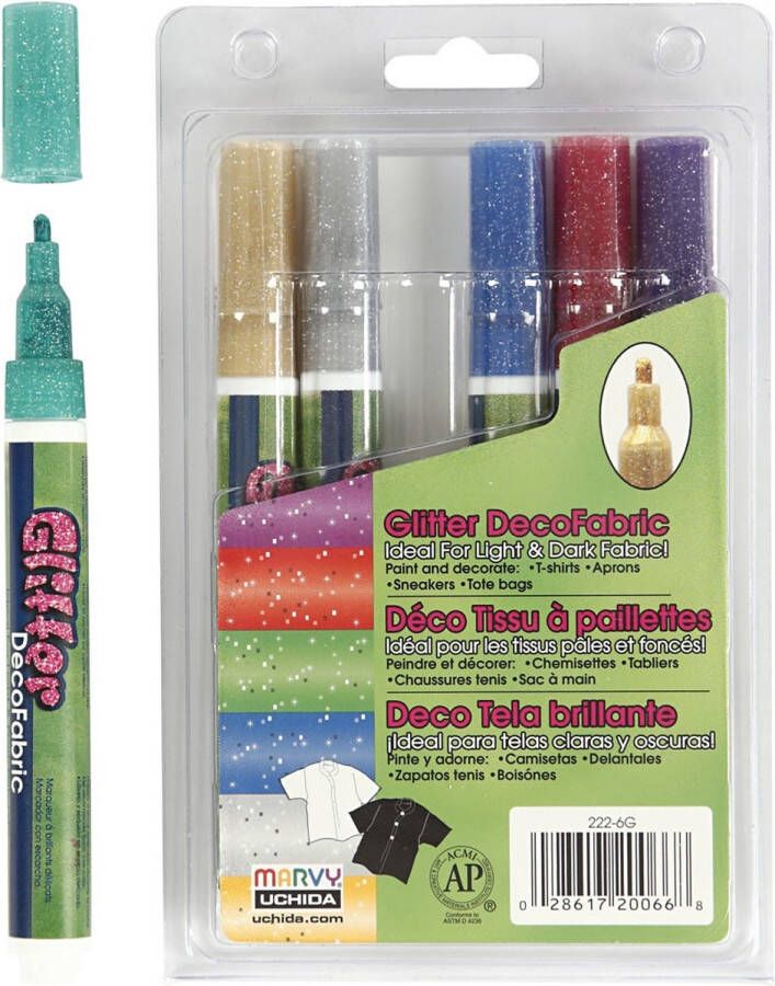 PacklinQ Deco Textielstiften. glitterkleuren. lijndikte 3 mm. 6 stuk 1 doos