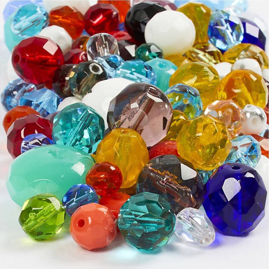 PacklinQ Facet glaskralen mix . diverse kleuren. afm 3-15 mm. gatgrootte 0.5-1.5 mm. 400 gr 1 doos