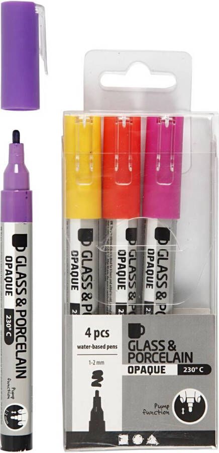 PacklinQ Glas- & Porseleinstiften. lijndikte 1-2 mm. semi-dekkend. oranje. paars. lichtrood. geel. 4 stuk 1 doos