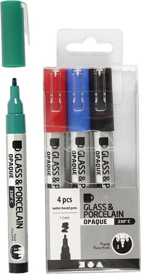 PacklinQ Glas- & Porseleinstiften. zwart. blauw. groen. rood. lijndikte 1-2 mm. semi-dekkend. 4 stuk 1 doos