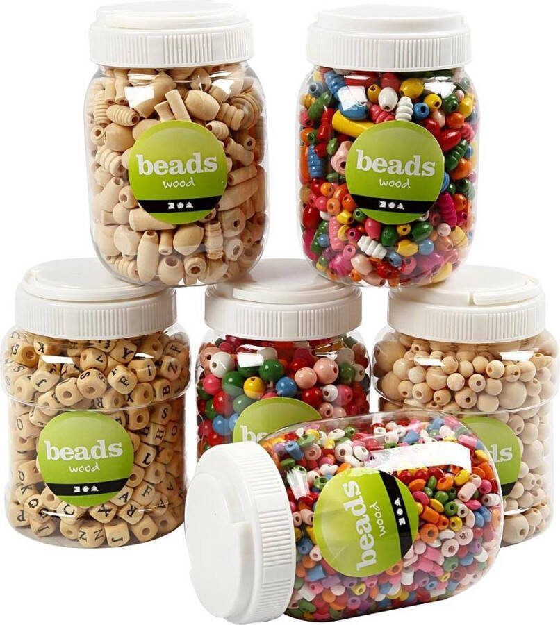 PacklinQ Houten kralen. 6x200 gr. d 5-25 mm. 6x400 ml 1 doos