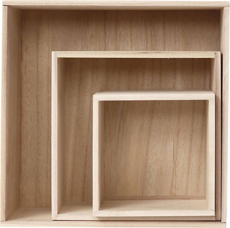 PacklinQ Houten voorraaddozen. vierkant. h: 15x15+21.5x21.5+28x28 cm. diepte 12.5 cm. Keizerin boom. 3stuks