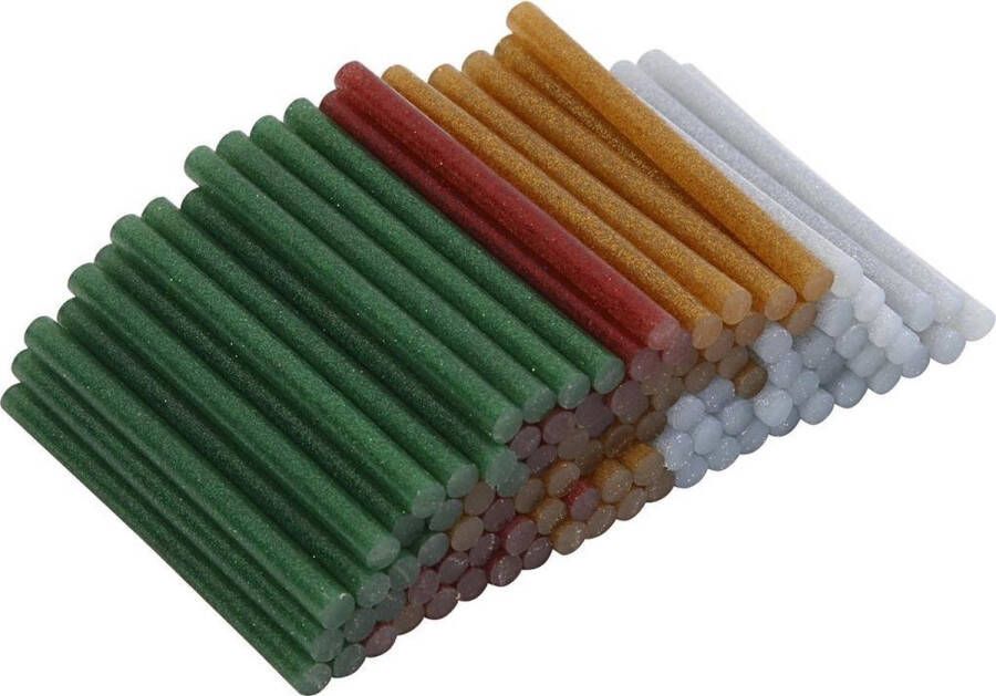 PacklinQ Lijmpistool vullingen. L: 10 cm. d 7 mm. glitter. goud. groen. rood. zilver. 100 stuk 1 doos