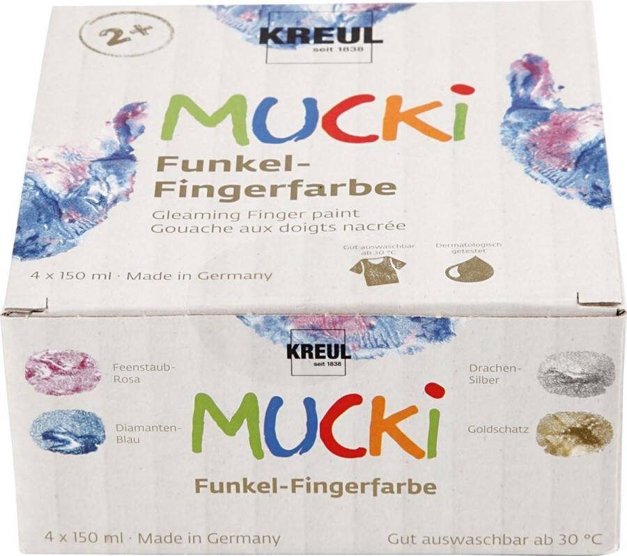 PacklinQ Mucki Vingerverf. metallic blauw. goud metallic. metallic roze. zilver metallic. 4x150 ml 1 doos
