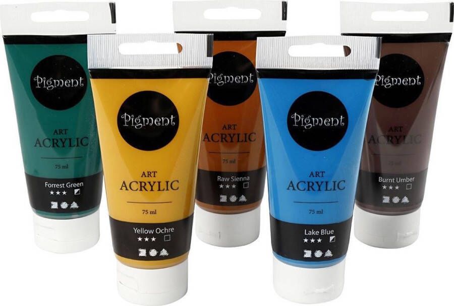 PacklinQ Pigment Art acrylverf. diverse kleuren. Natuurlijke kleuren. 5x75 ml 1 doos