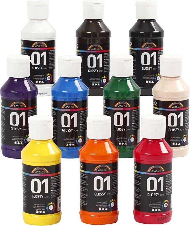 PacklinQ School acrylverf glossy. diverse kleuren. glossy. 10x100 ml 1 doos