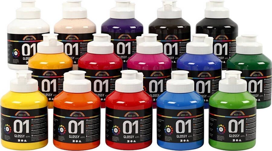 PacklinQ School acrylverf glossy. diverse kleuren. glossy. 15x500 ml 1 karton