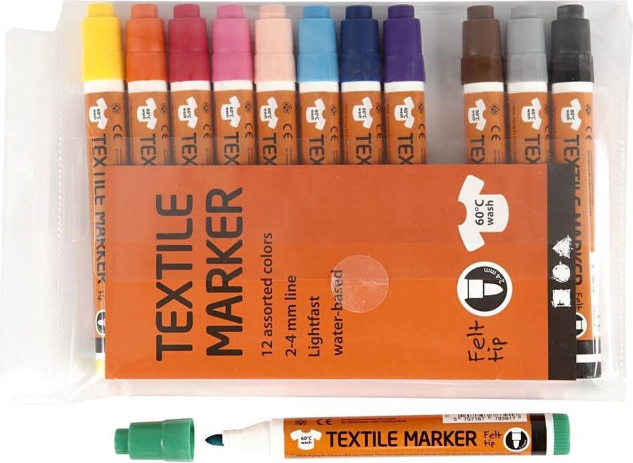 PacklinQ Textielstiften. diverse kleuren. lijndikte 2-4 mm. 12 stuk 1 doos