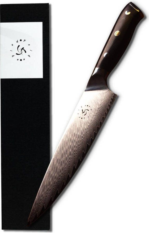 Paiku Chef Knife Koksmes 20 cm Veerpatroon Damascus Staal Zwart Handvat Met Mozaïeksteen Geschenkdoos