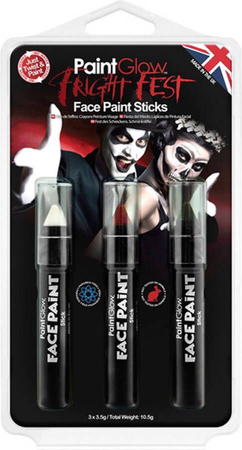 PaintGlow Halloween Face & Body Paint Sticks set Festival make up 3 5 gram zwart wit rood
