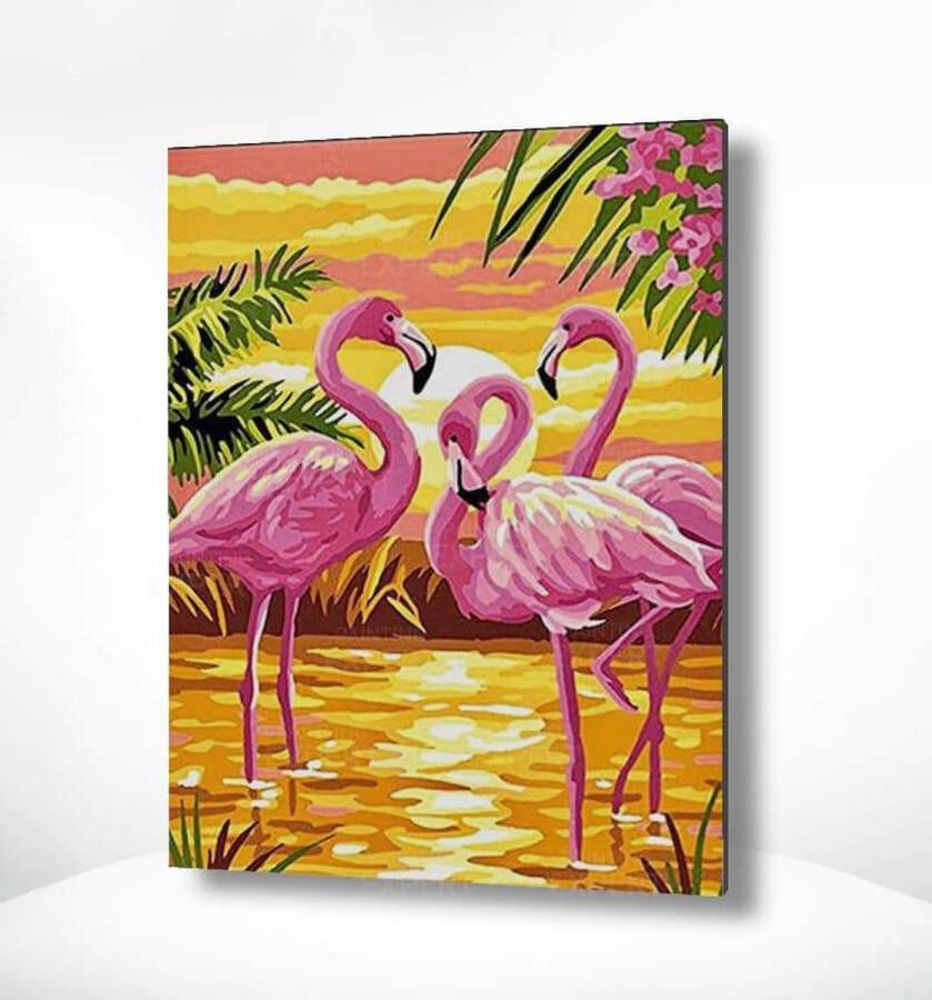 Painting Expert Schilderen op nummer Volwassenen Schilderen op nummer Kinderen Flamingo's met Zonsondergang 40x50cm Exclusief Lijst (24 kleurtjes)